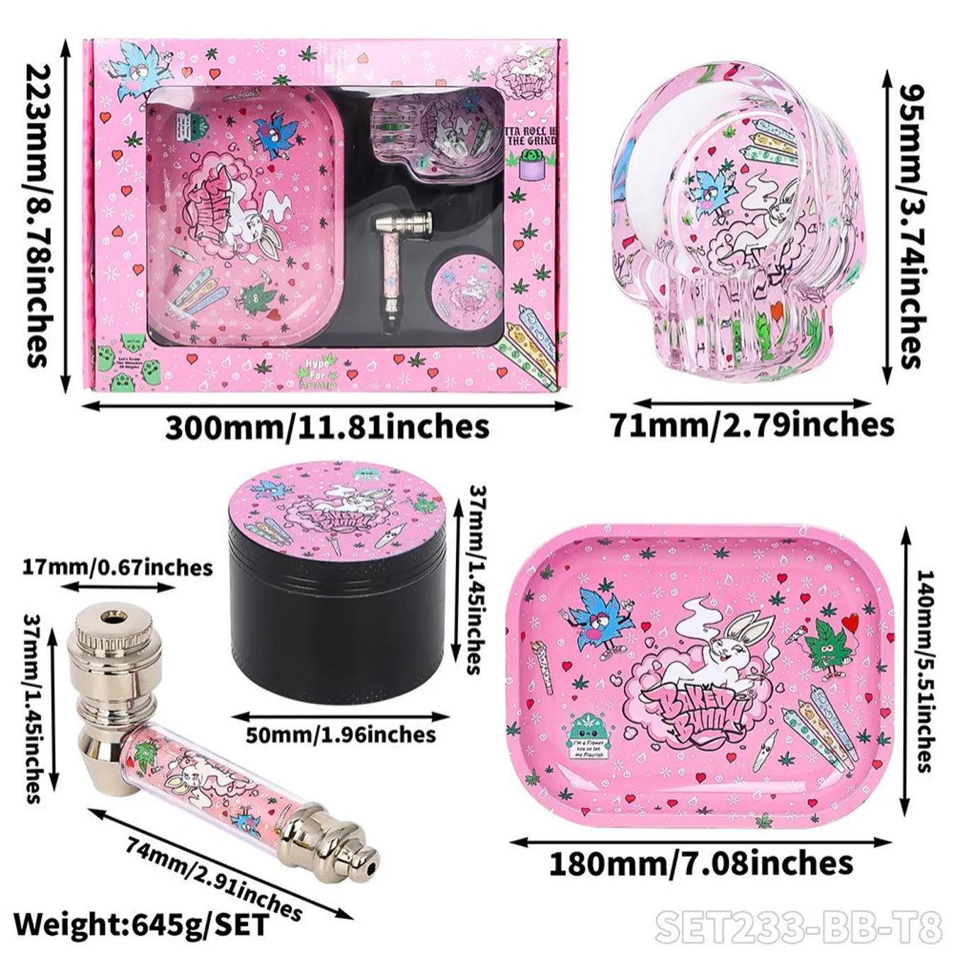 Kit Pink CONEJA (Baked Bunny) Bandeja, Grinder, Pipa y Cenicero