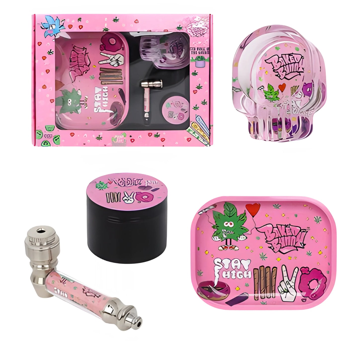 Kit Pink STAY HIGH (Baked Bunny) Bandeja, Grinder, Pipa y Cenicero