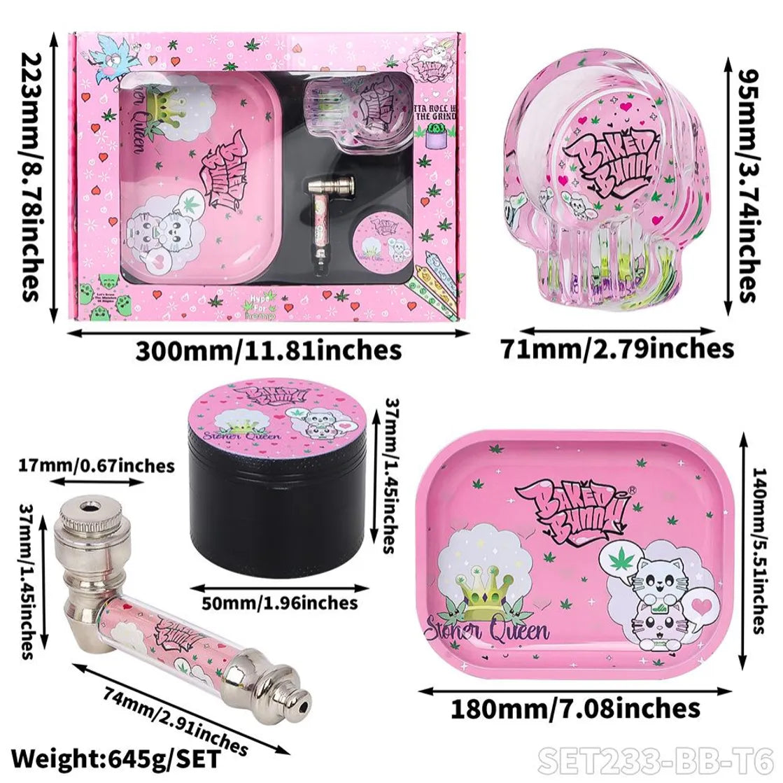 Kit Pink STONNER QUEEN (Baked Bunny) Bandeja, Grinder, Pipa y Cenicero
