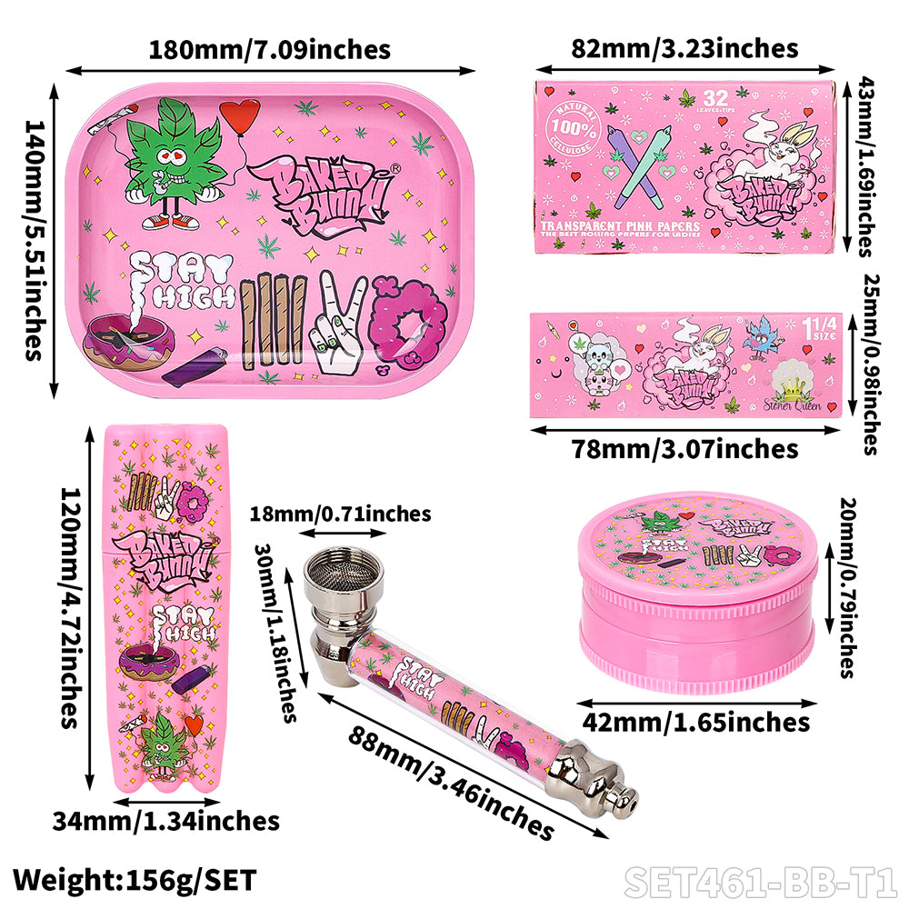 Kit Pink Stay High (Baked Bunny) Bandeja, Grinder, Pipa, Portacaños y Papel
